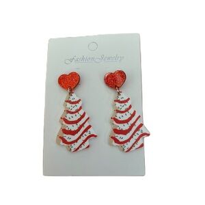 Little Debbie Christmas Tree Dangle Earrings NEW White Red Glitter